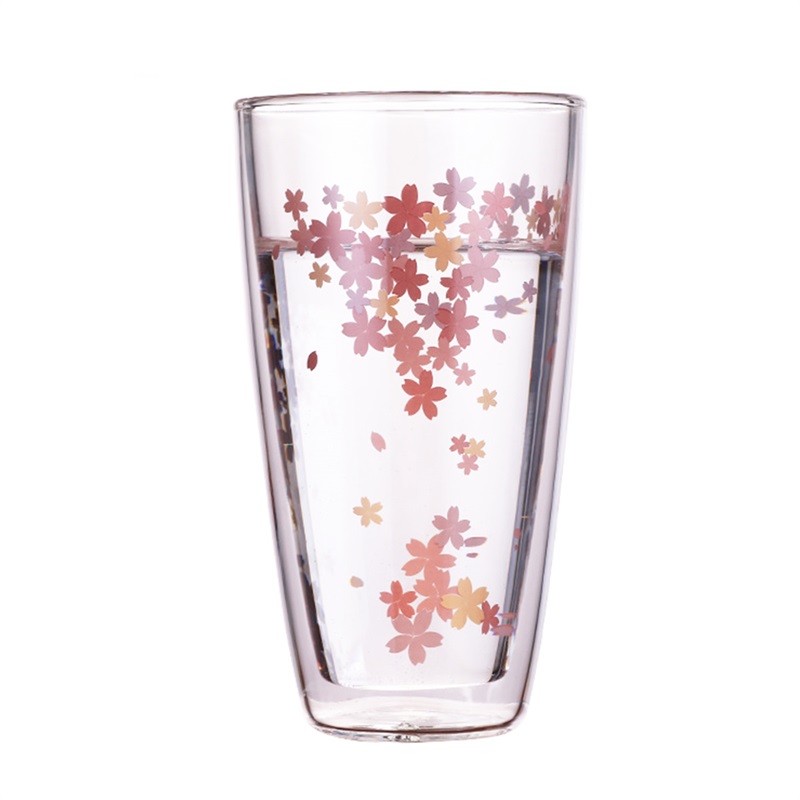 Reusable Double wall glass tea cup coffee juice drinking glass cup with flower design