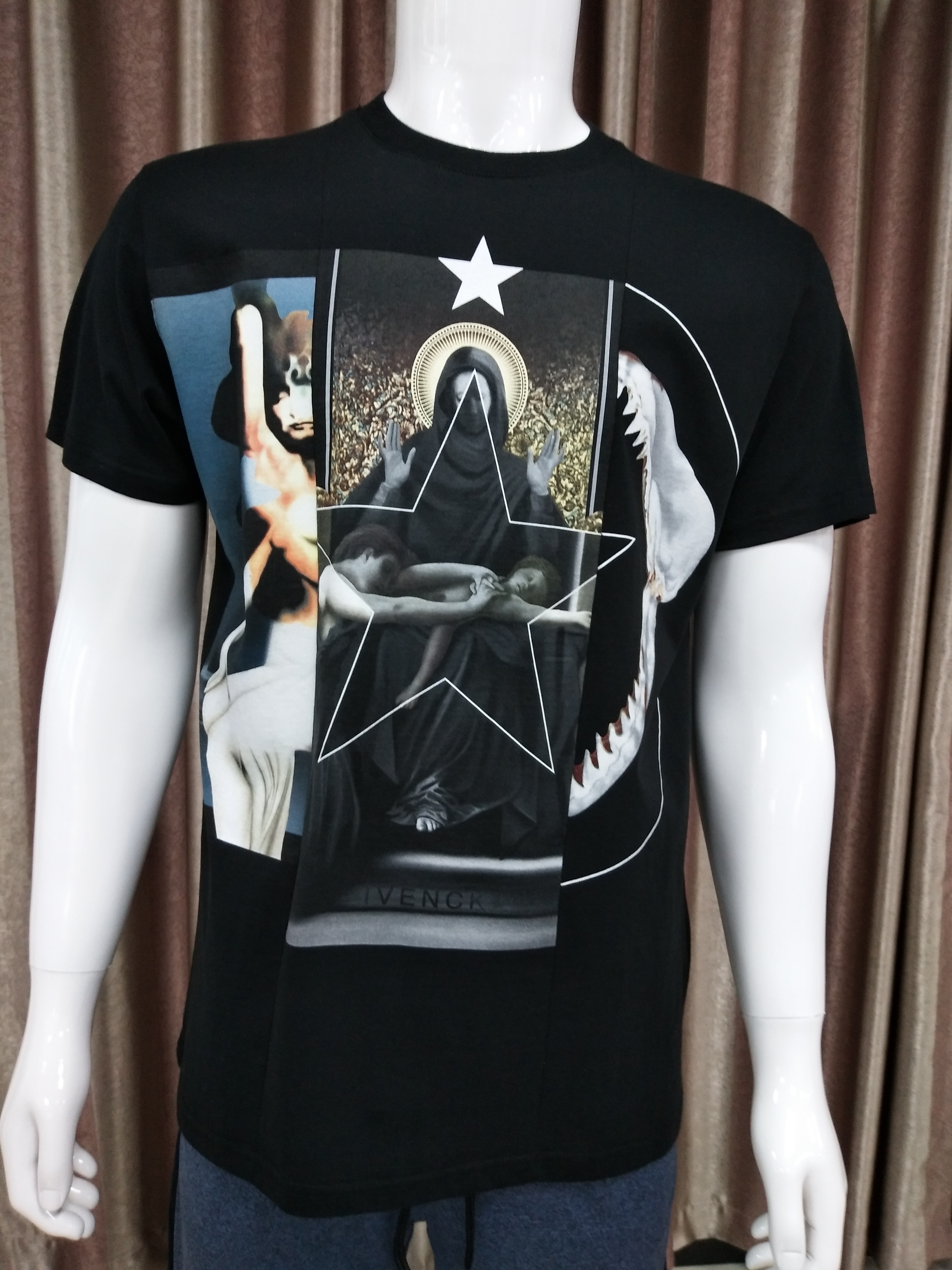 Black 100% knitting round neck rubber print T shirt