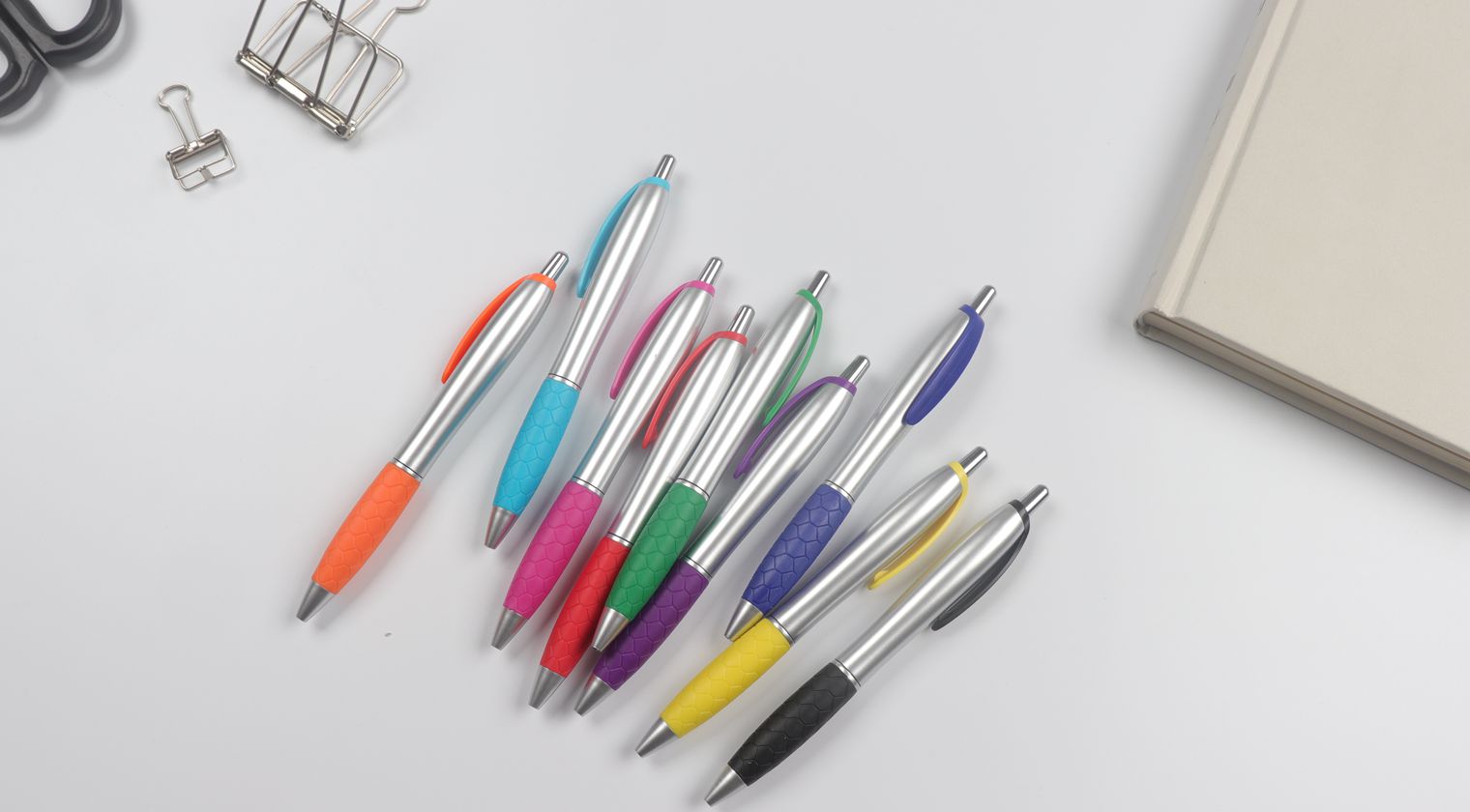 Ball pen Silver barrel with candy colored Honeycomb grip and clip
