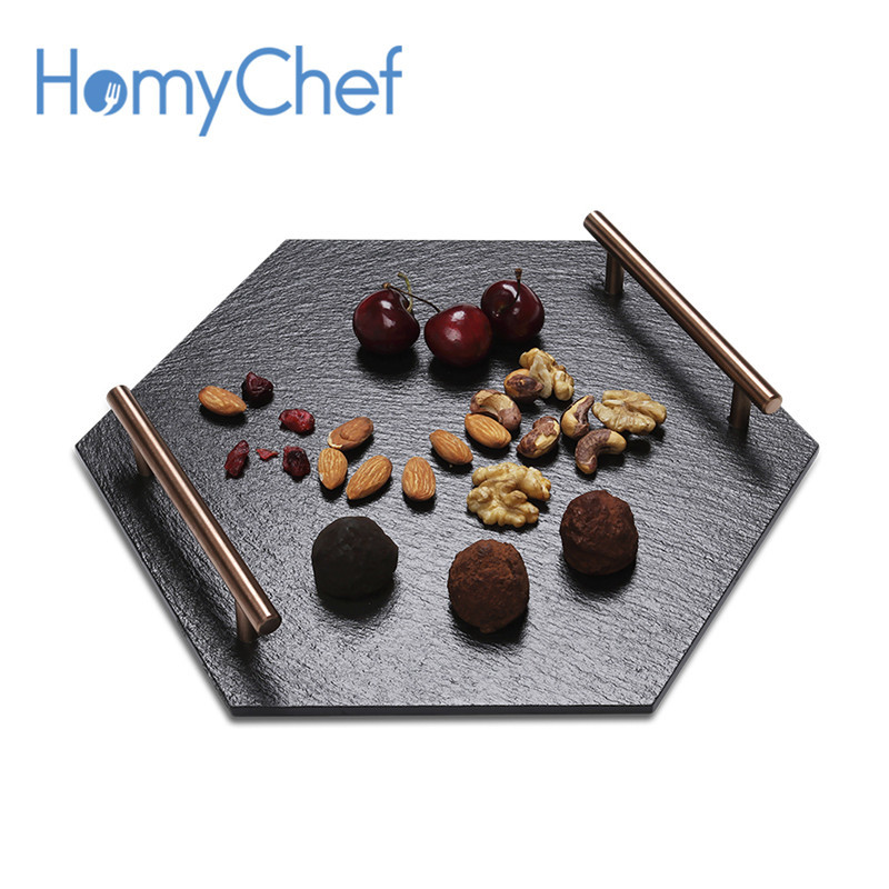 Factory Direct Hexagon Slate Serving Tray with Stainless Steel Handles