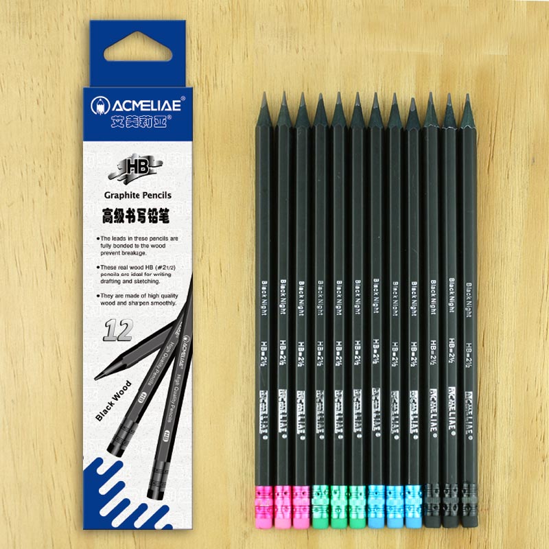 Matt Black Body HB Black Wood Eraser Pencil Hexagonal