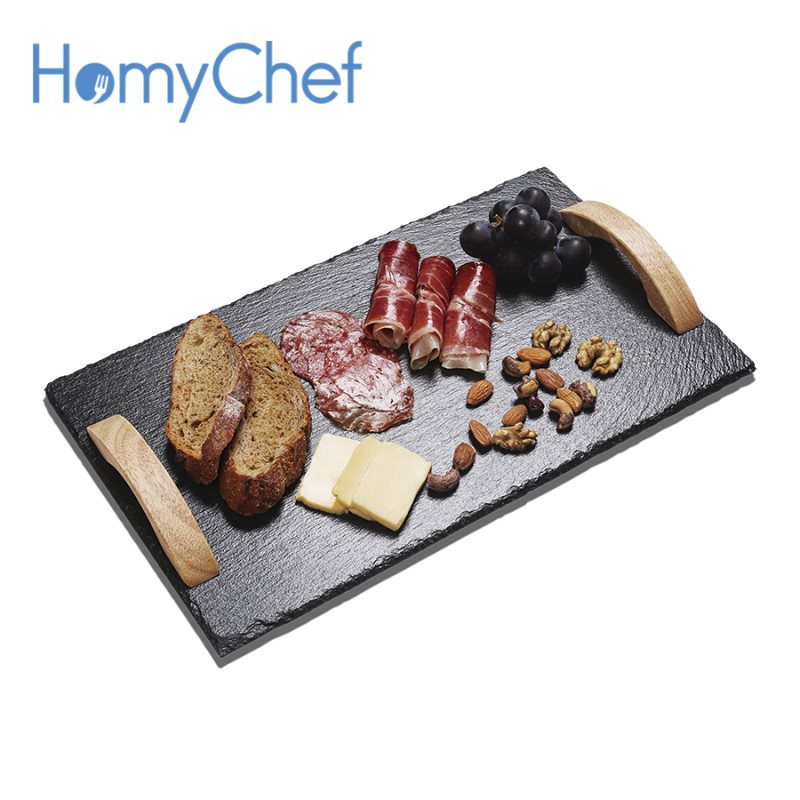 Slate serving tray with wooden handles