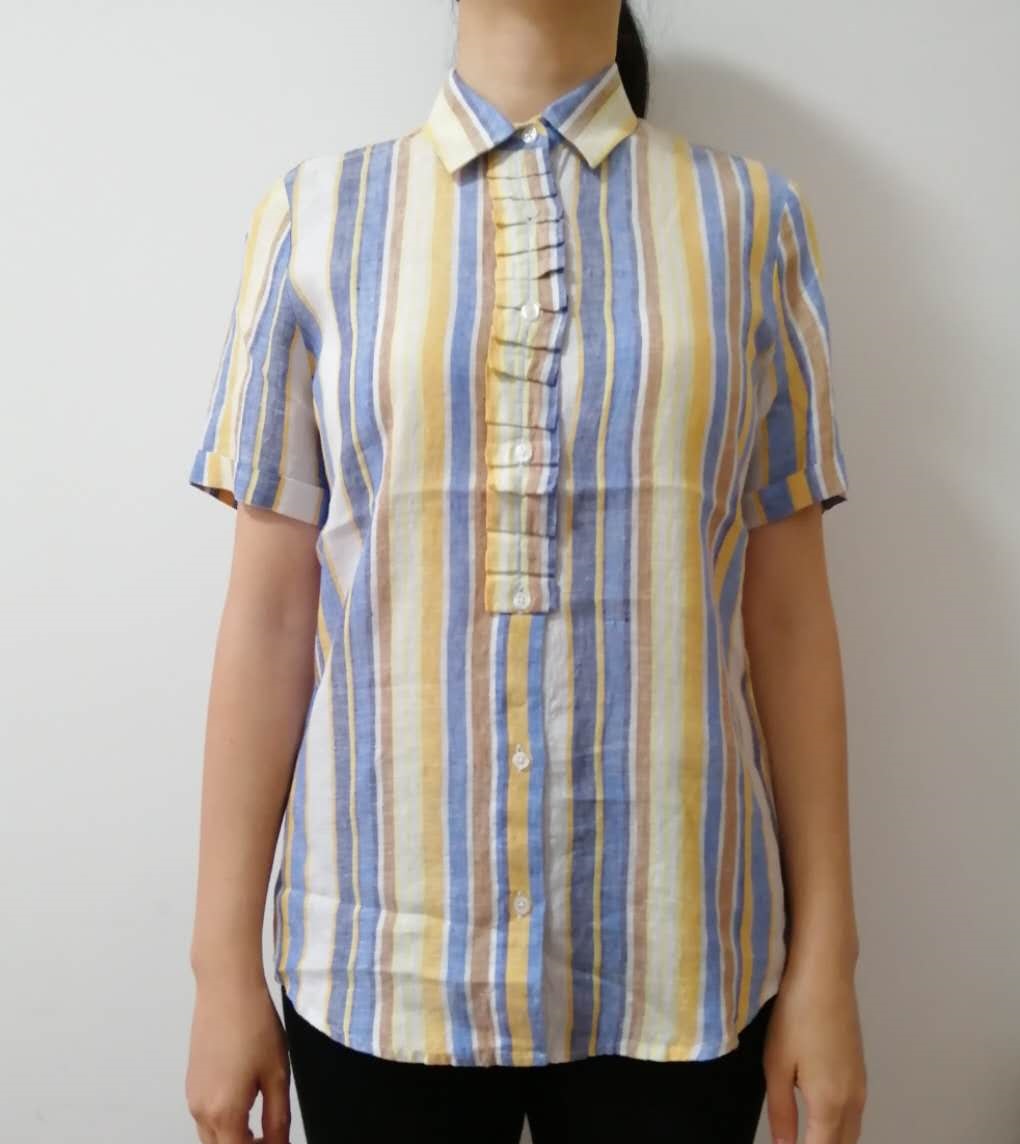 women shirt，ladies shirt,ladies blouses,woven linen short sleeve，