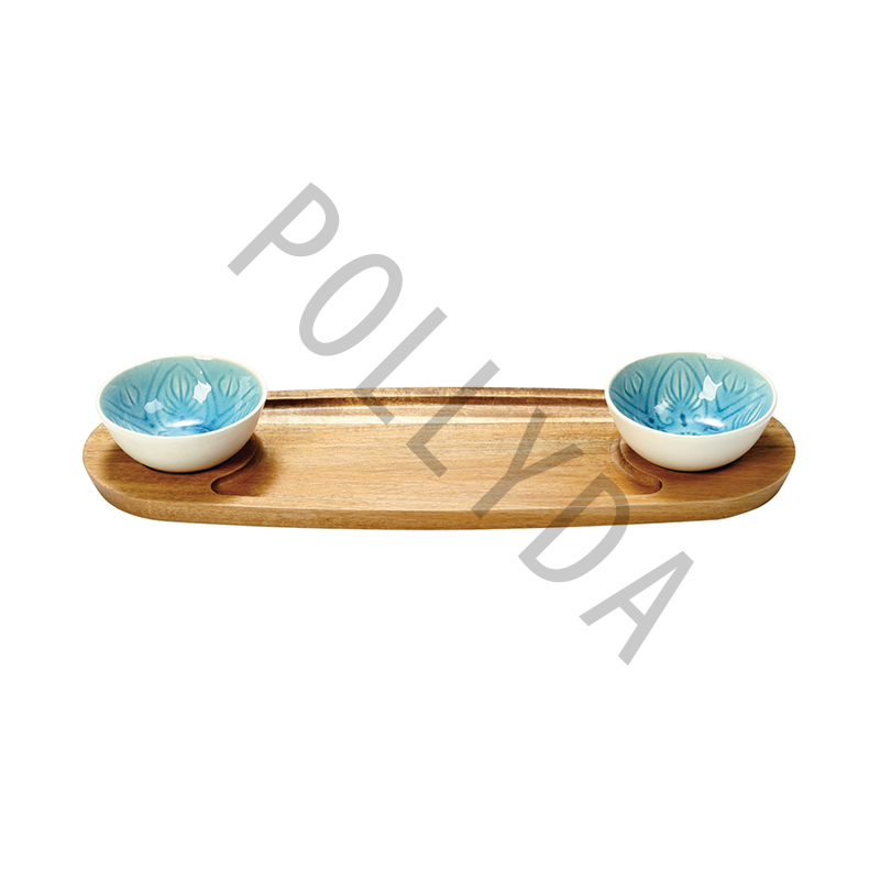 Acacia Wood snack tray With Ceramic sauce Dish AC031S3