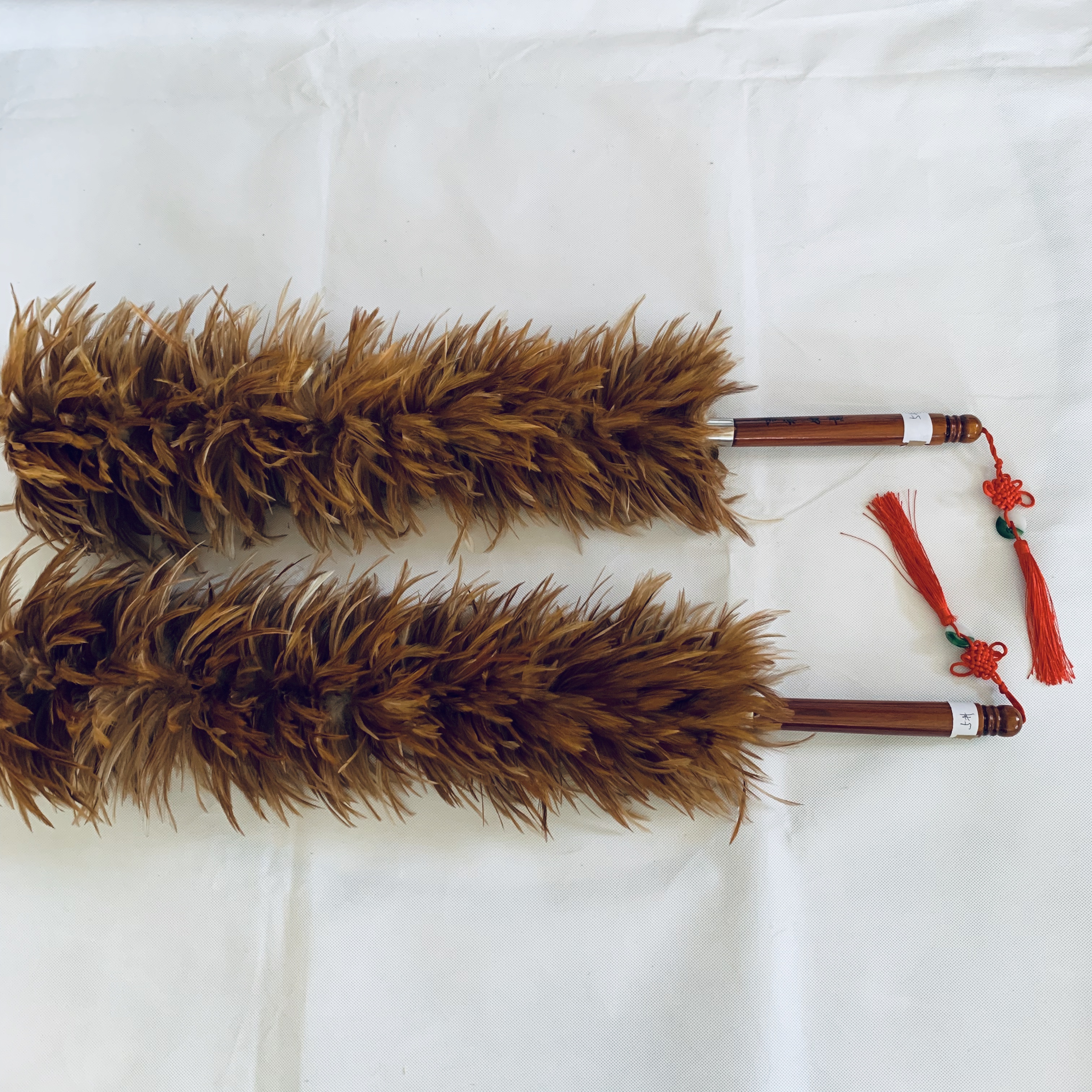 rooster feather duster with big woolden handle and chinese knot