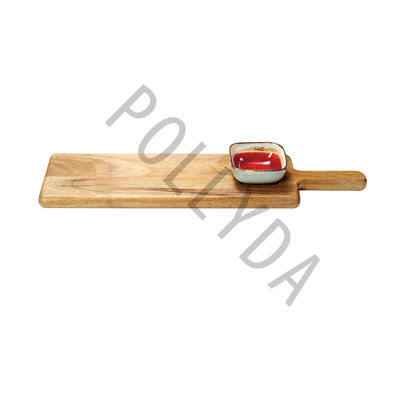 Acacia wood serving board with ceramic sauce dish