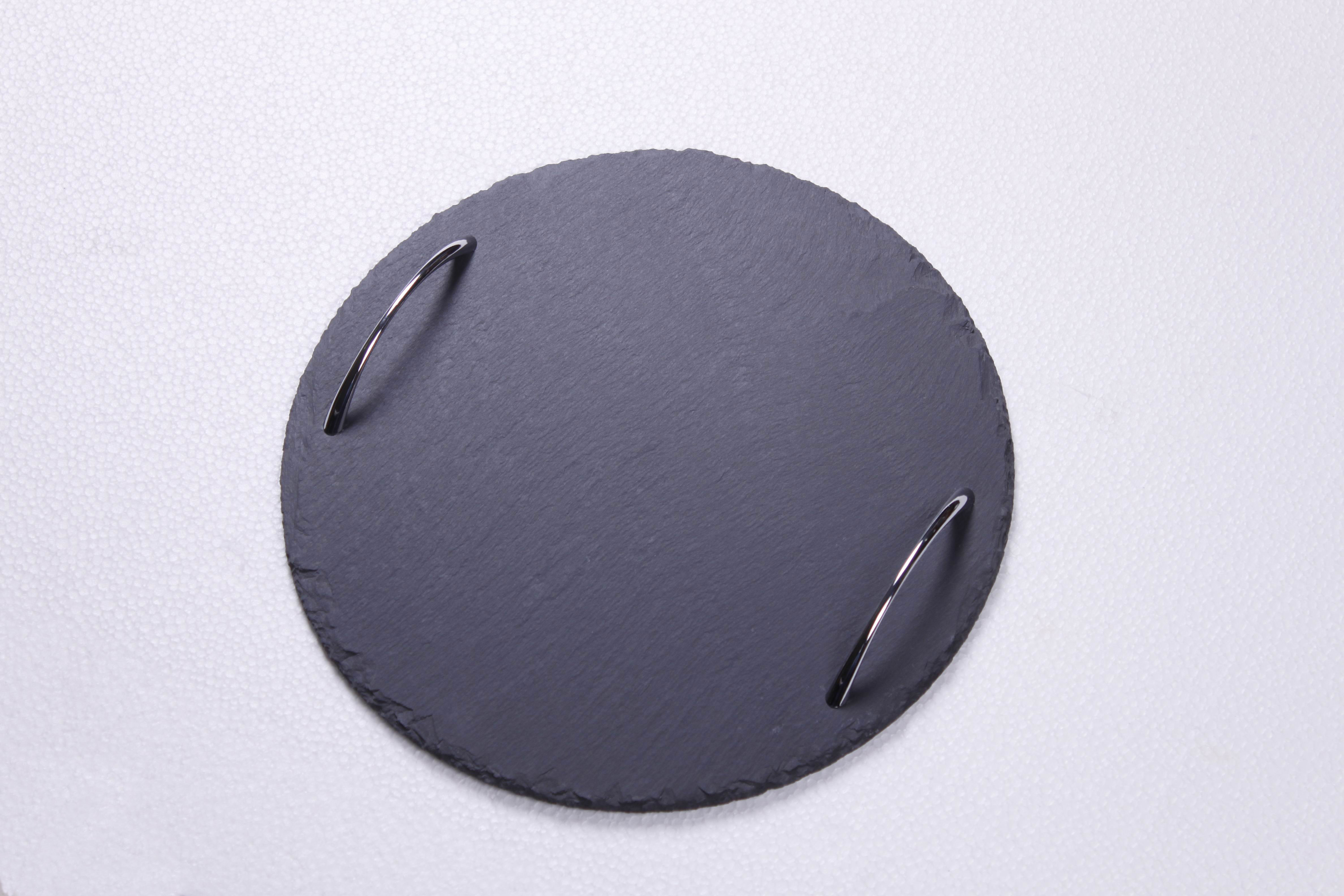 Slate Serving Tray With Zinc Alloy Handles Round Rough Chipped Edges