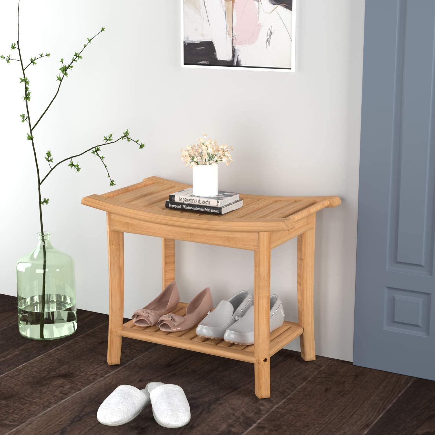 Bamboo Shower Seat Bench with Shelf Bathroom Seat Stool Spa Bath Deluxe Organizer Stool Spa Chair