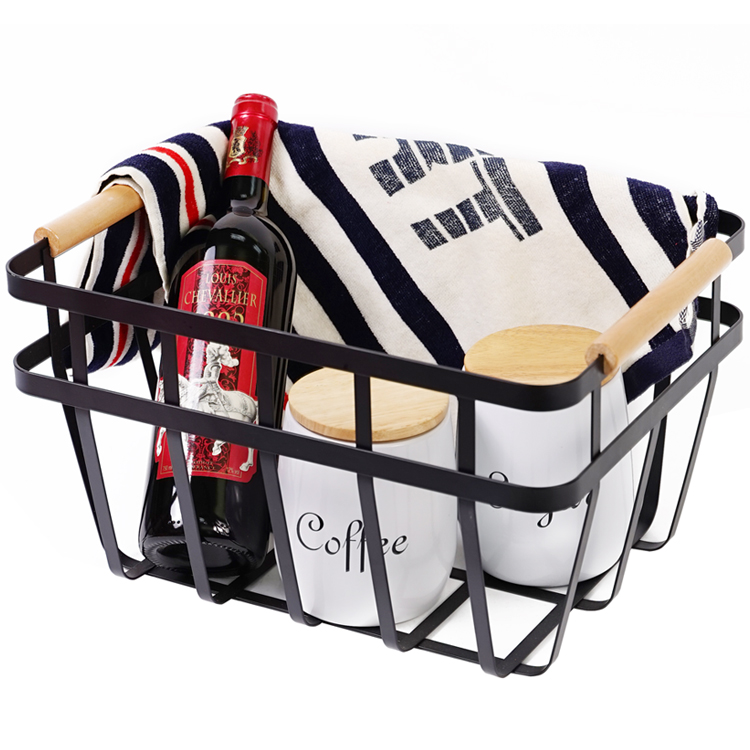Closets Pantry Kitchen Garage Bathroom Black Square Woven Steel Storage Basket with Wood Handles