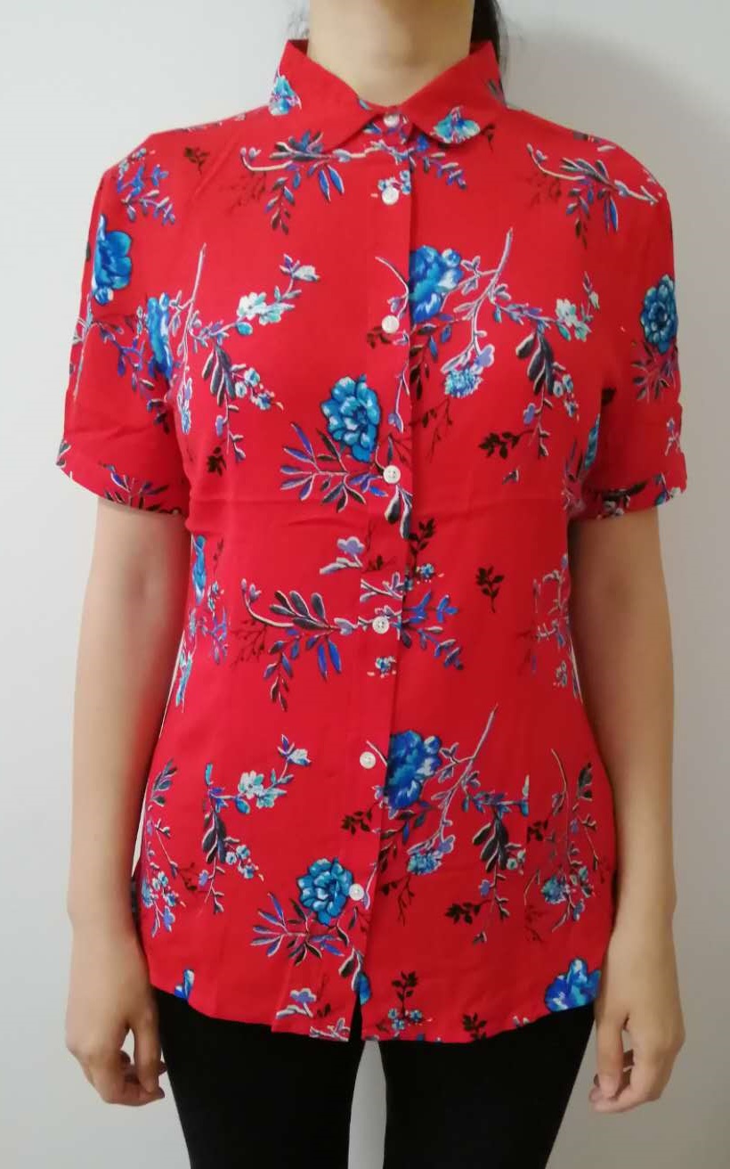 women shirt，woven rayon printed short sleeve， ladies shirt, ladies blouses,printed shirt