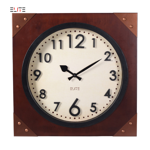 Square solid wood quartz wall clock with metal corners