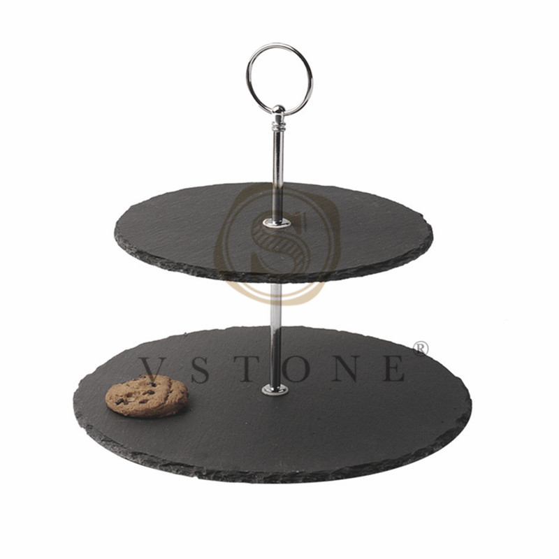 Two tiers slate cake stand with metal handle