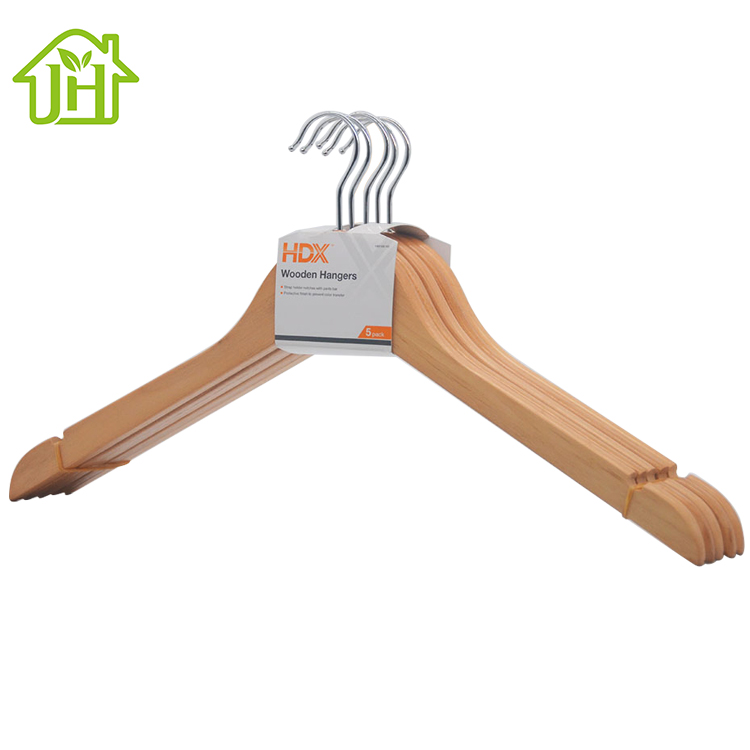 Solid wood clothes hanger with notches chromed metal hook