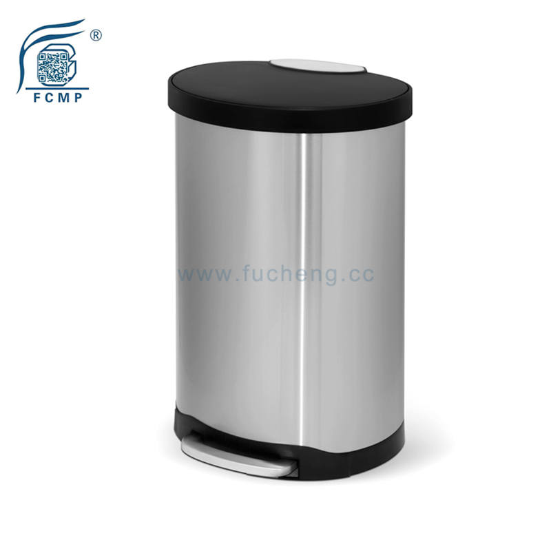 D-Shape Plastic Lid Stainless Steel Kitchen Pedal Trash Bin