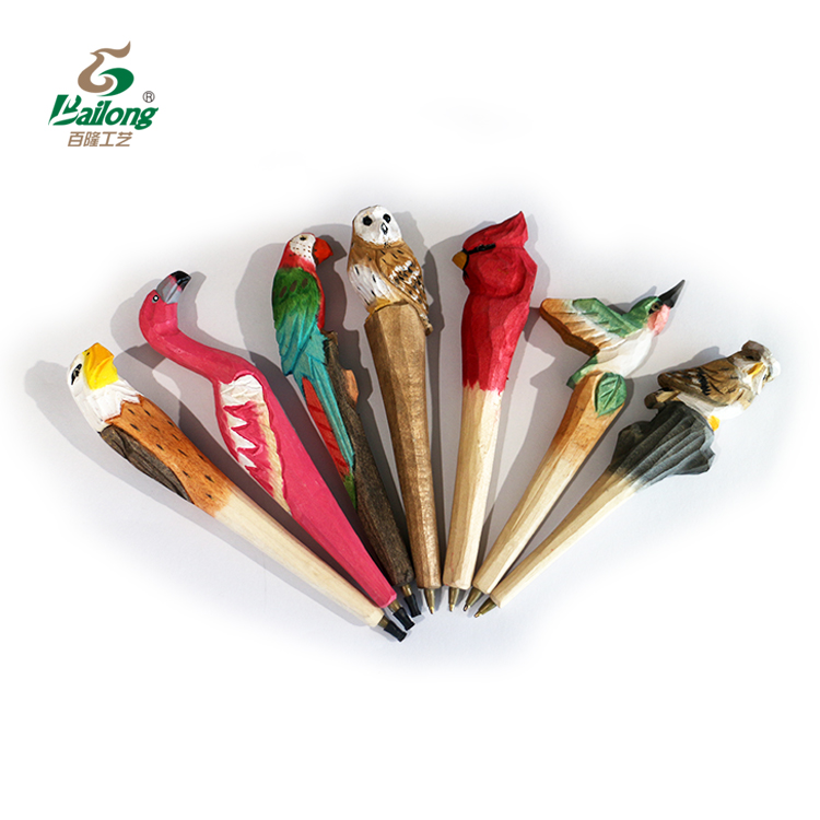 Hand-carved wooden painted animal ballpoint pen