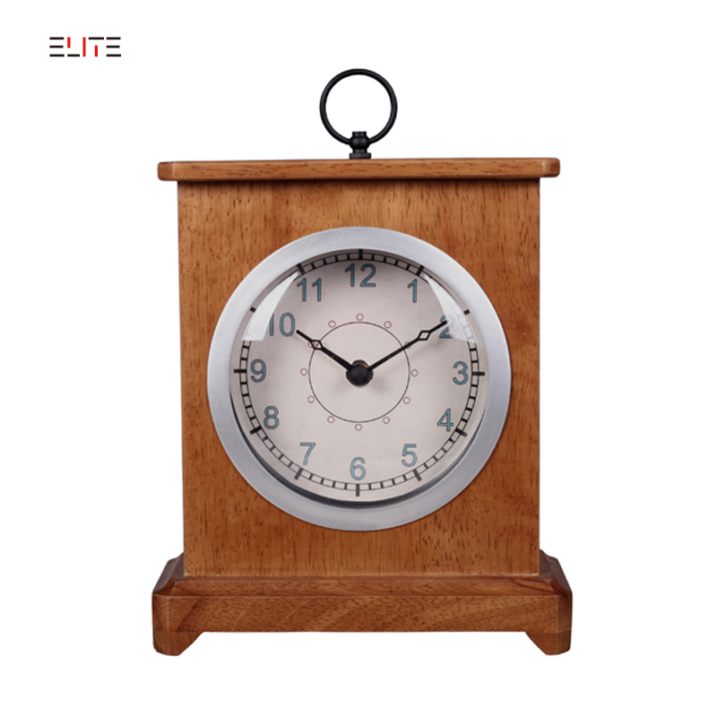 Vintage wooden mantel clock with silver bezel