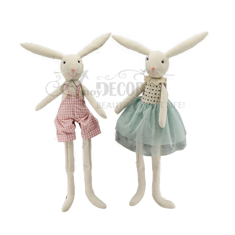 Fabric sitting boy and girl rabbit wiht ping and blue dress