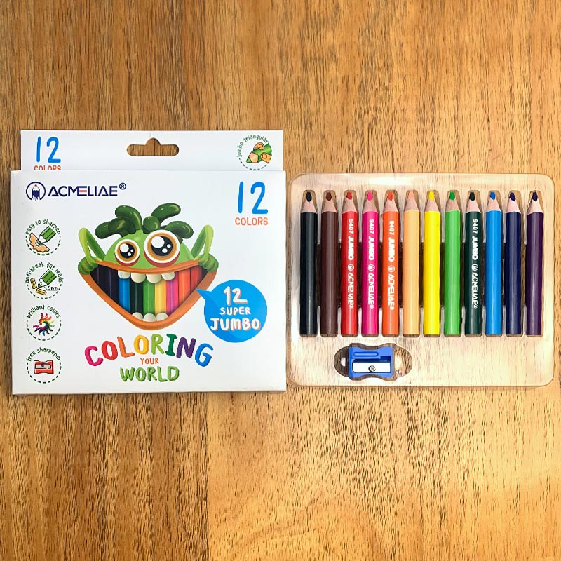 12C Super Jumbo Triangular Mini Color Pencils W/Sharpener