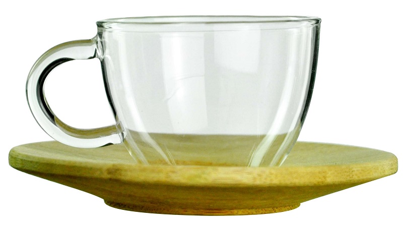 Cup and saucer set, 1 borosilicate glass cup, 1 bamboo saucer