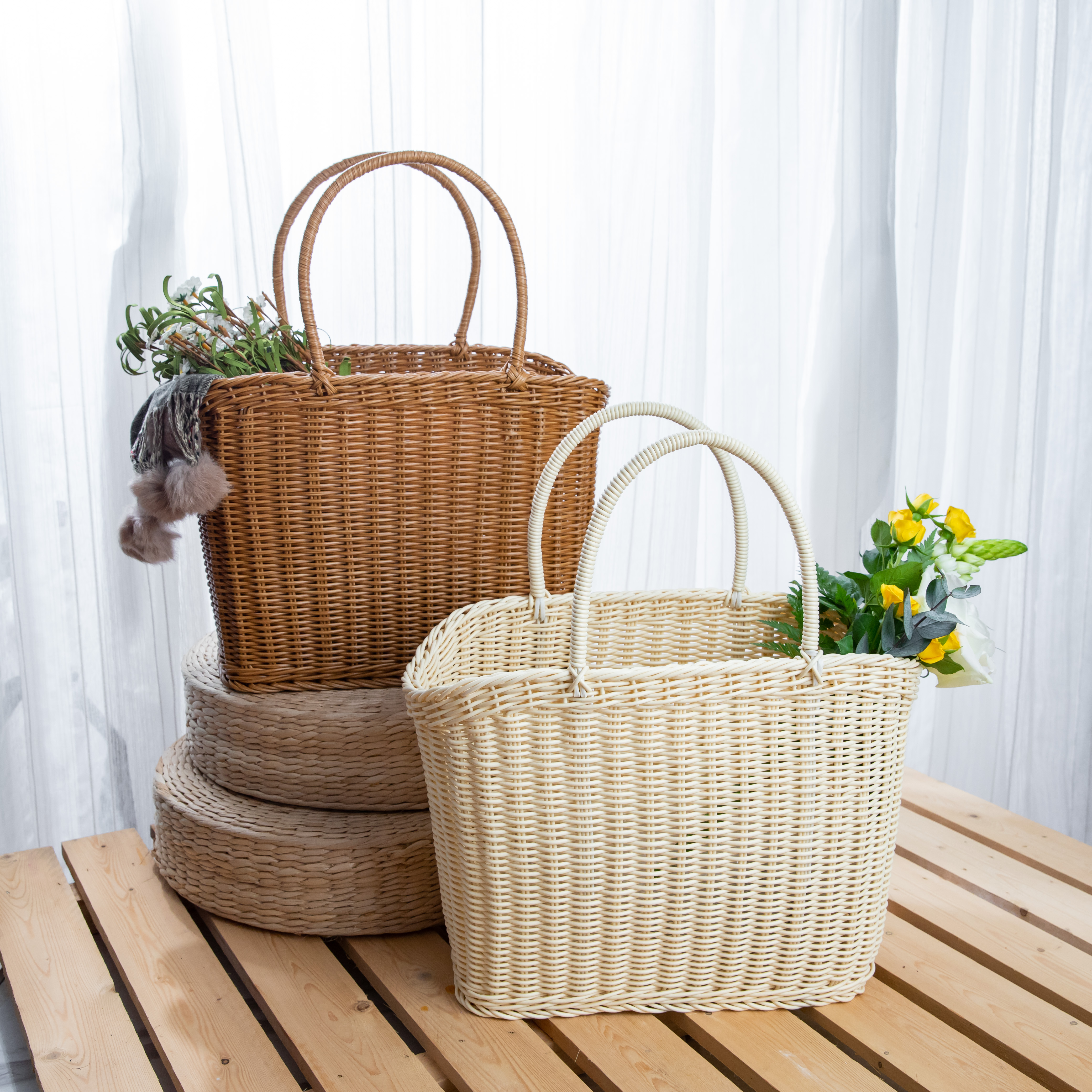 PE Rattan plastic basket Handmade Durable Storage Basket flower basket shopping basket