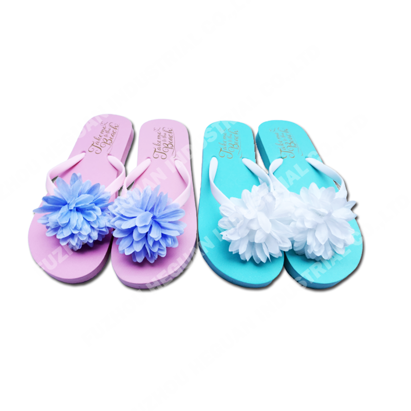 PE lady beach flip flops with fabirc flower ornament