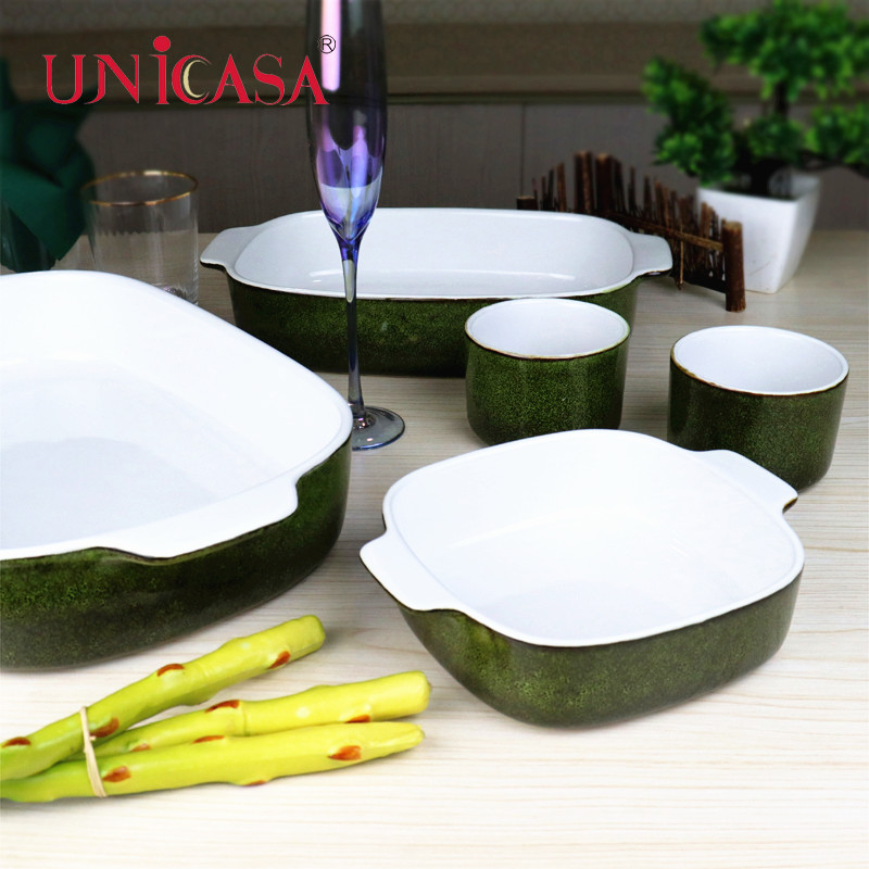 Ceramic bakeware set stoneware baking dishes dutch oven rectangular baker pie dish loaf pan oval baker square baker ramekin reatctive green color