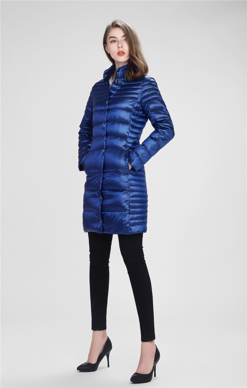 Name: Womens sapphire blue bright fabric slim lightweight down coat