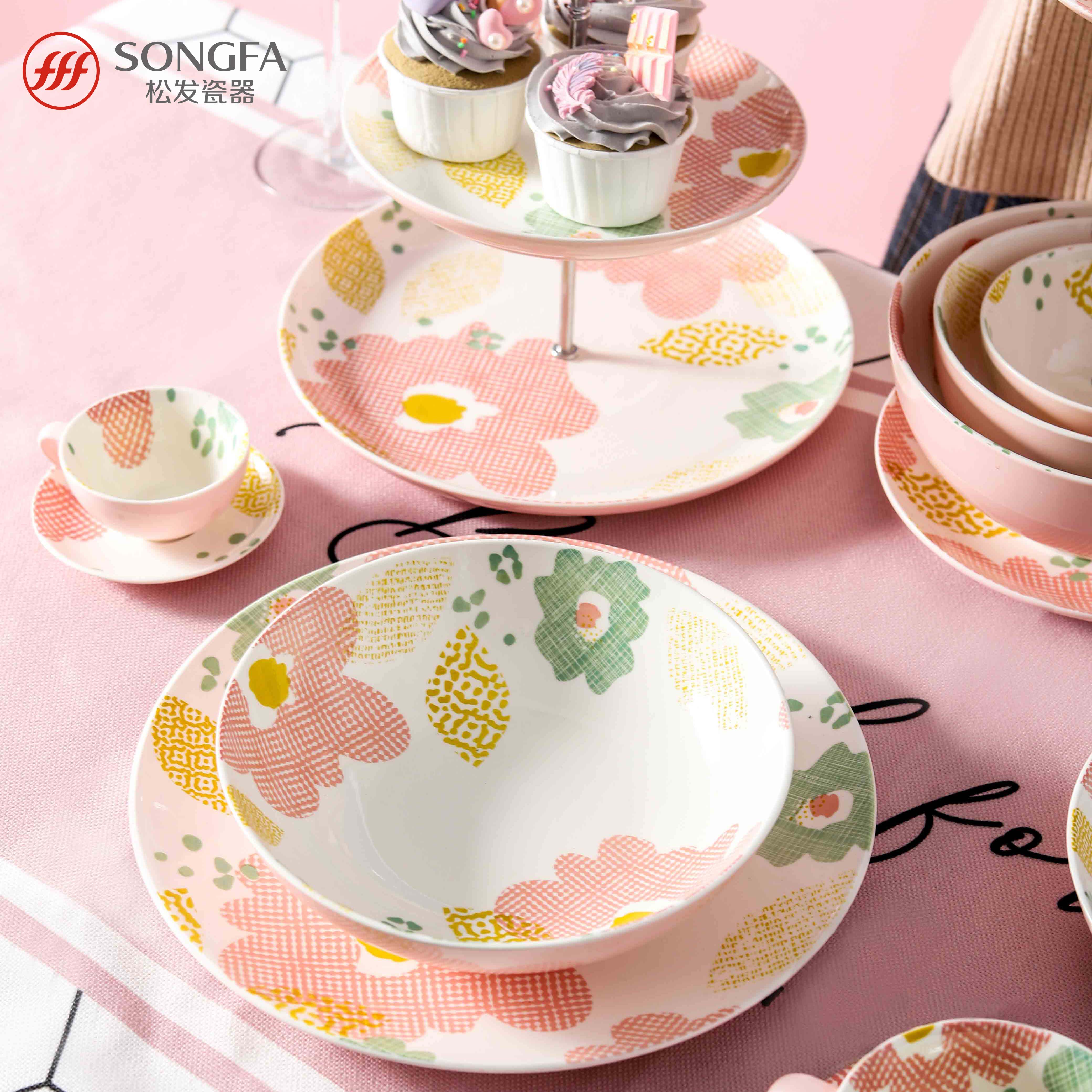 Songfa fashionable flowers new bone china dinnerware plates dinnerware sets with bowls and mugs