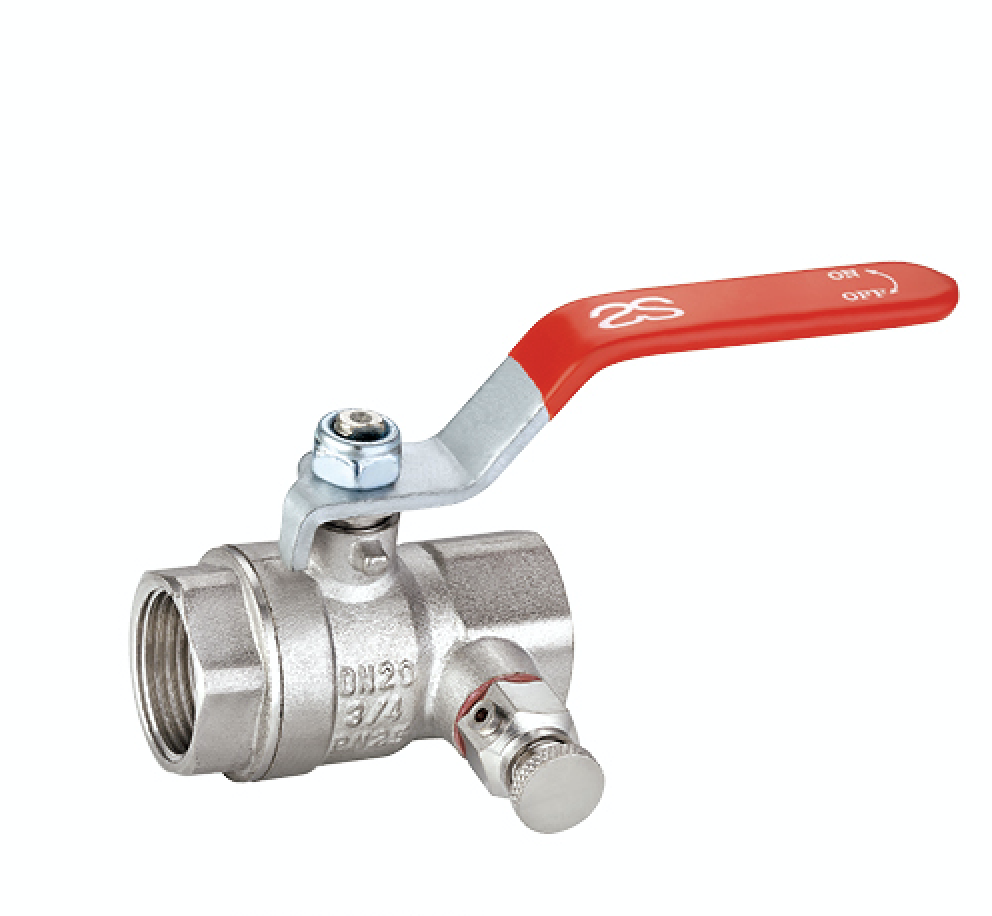 Brass ball valve with drain-off cock, steel handle and FF thread