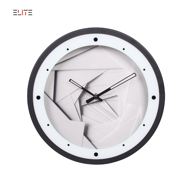 Metal wall clock with silk-screened glass lens and 3D drawing dial