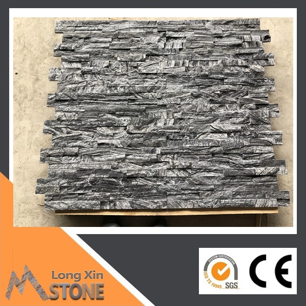 Z shape Natural rough edge black wood vein marble stone wall cladding with 4 raws