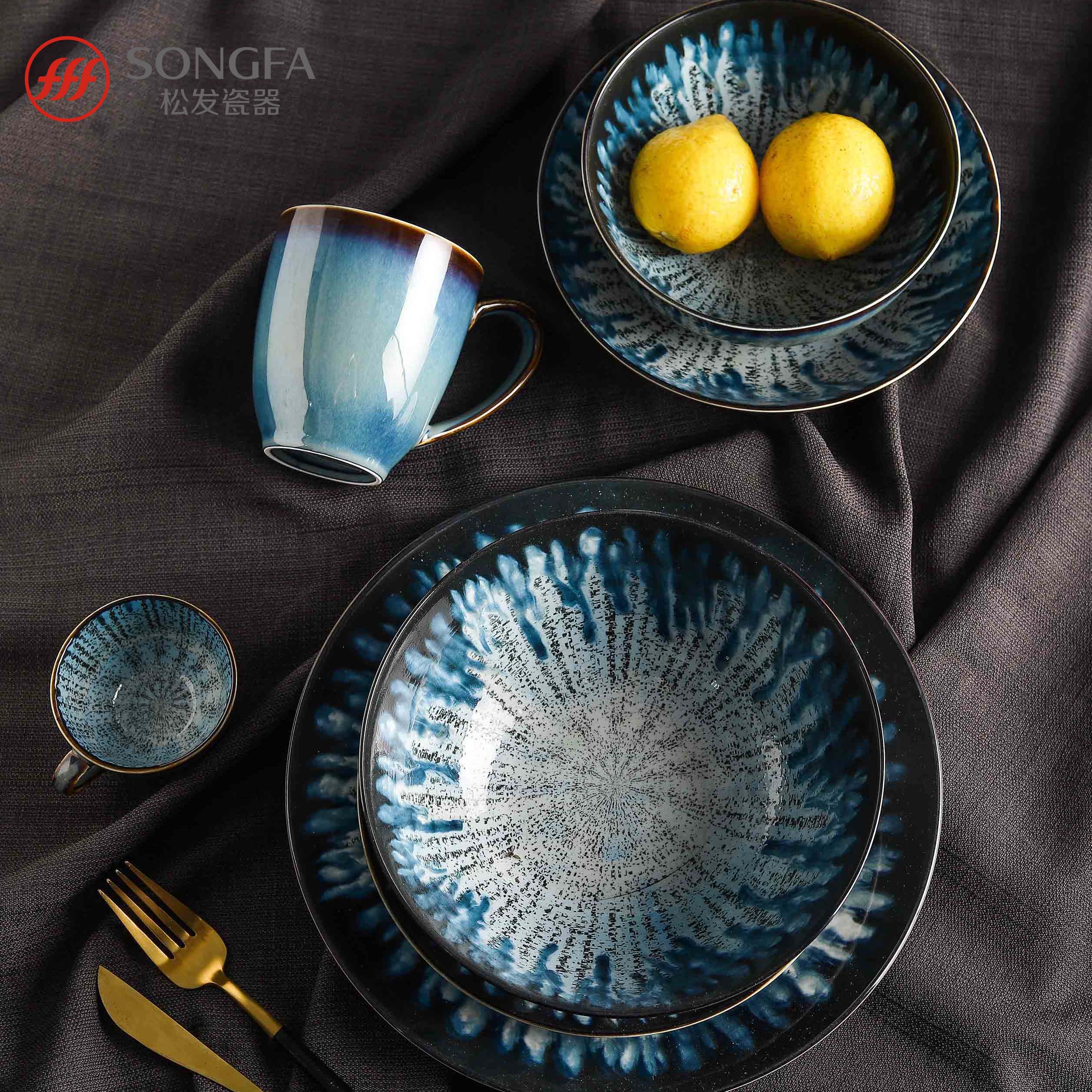 Reactive glazed texture new bone china dinnerware plate set with mugs