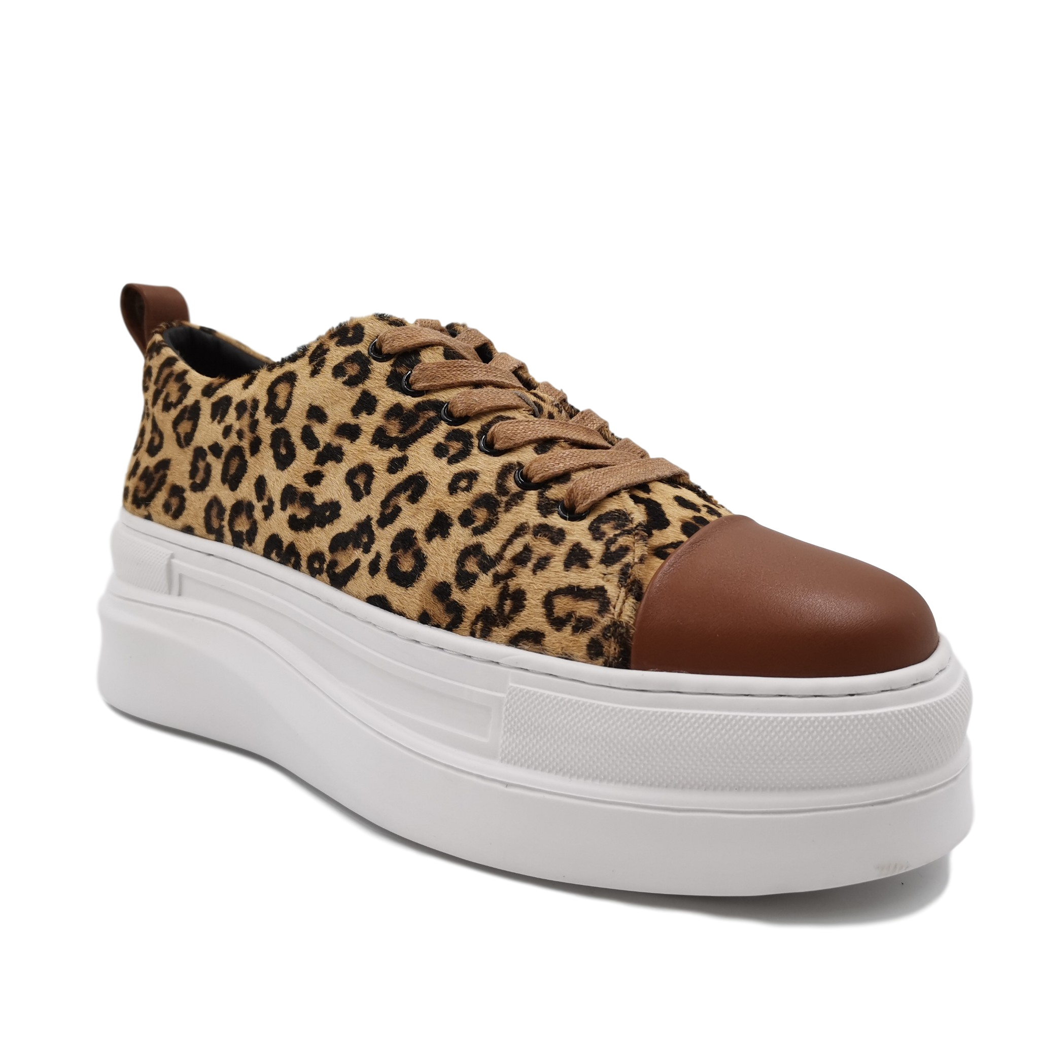 Cow leather leopard print pony hair ladies casual sneaker shoe with platform