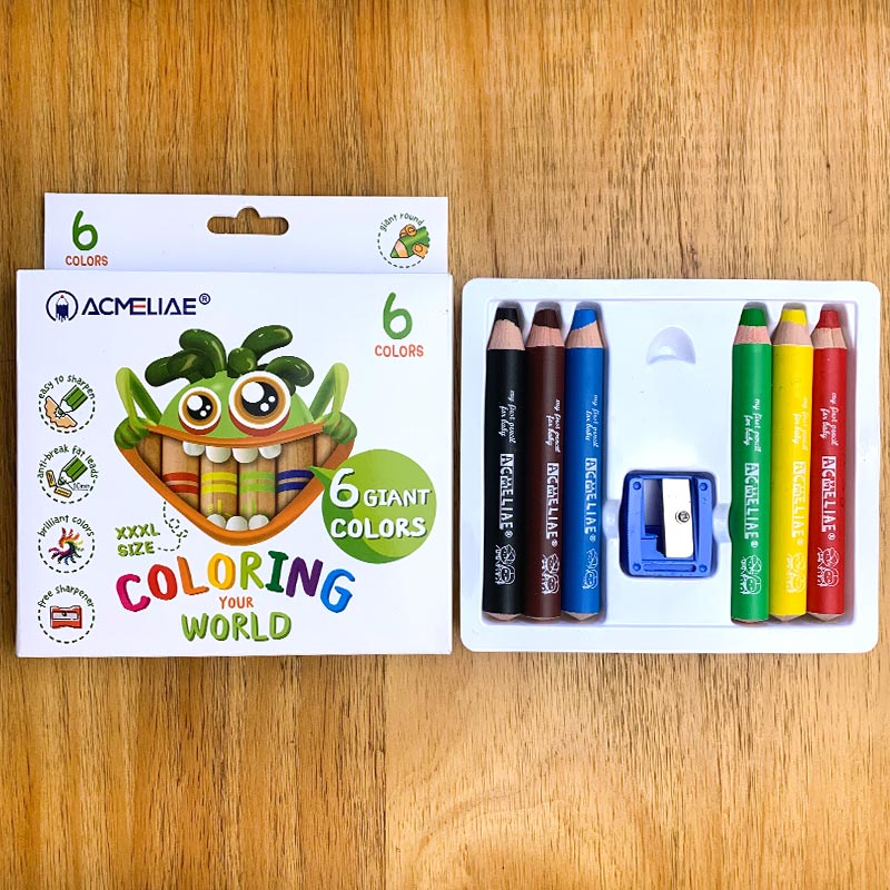 6 Colors Giant Size 3 in 1 Wooden Crayons W/Sharpener