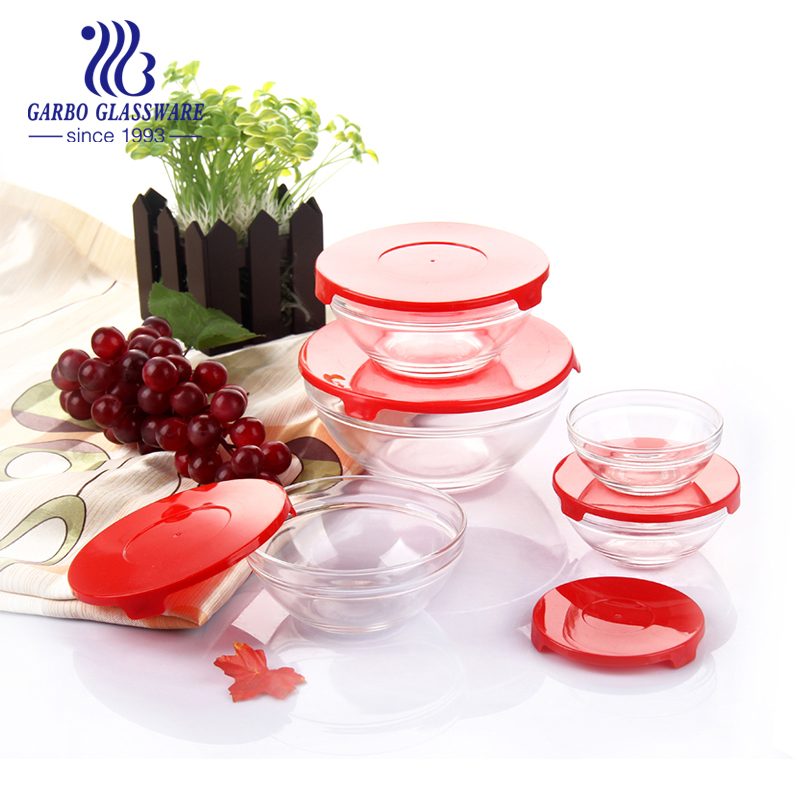 5Pcs classic cheap food serving kitchen glass salad bowl set with PP lids