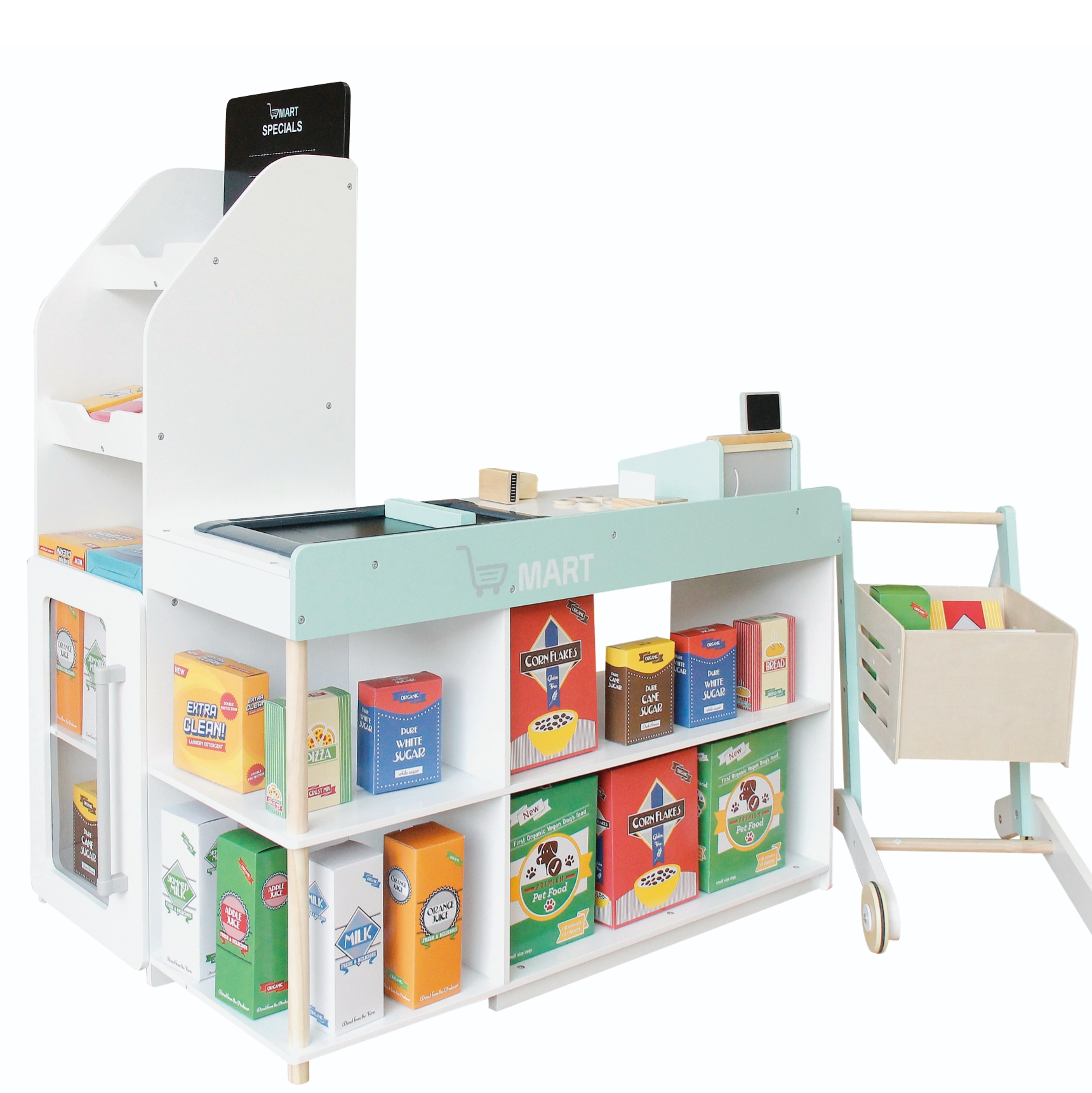 wooden super market with trolly pretend toy