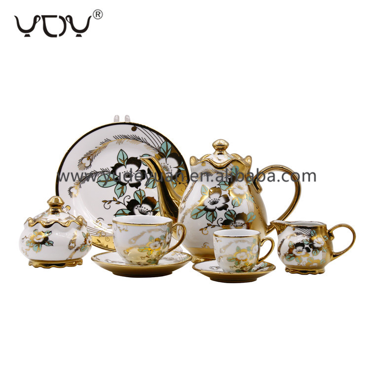 factory price cheap color box porcelain 24pcs gold plated coffee tea set