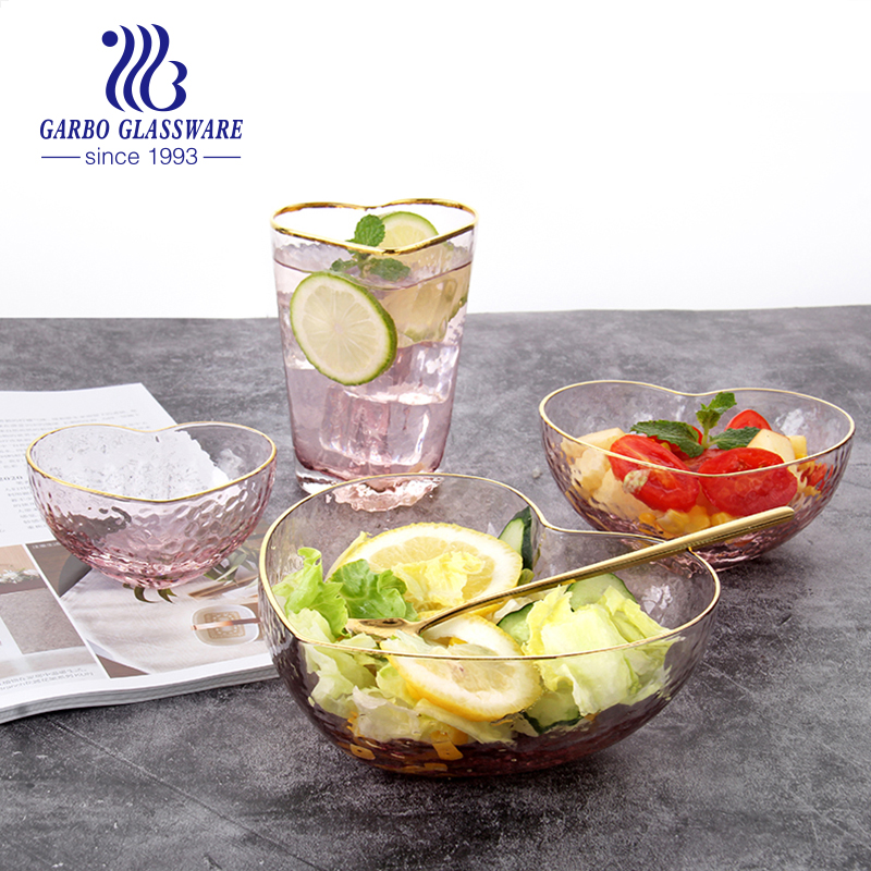 Creative heart shape gold rim glass salad bowl