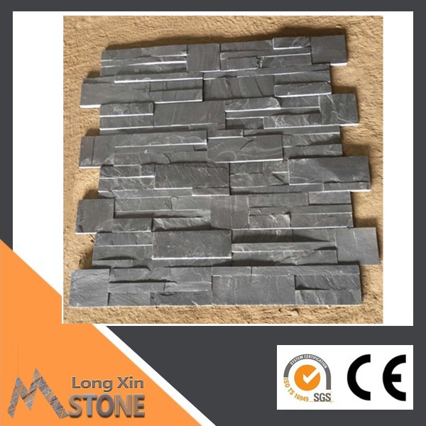 S shape Natural black slate stone fortmat wall cladding 18x35 cm