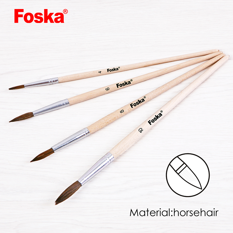 Foska 4PCS Wooden Handle Horsehair Artist Oil Painting Brush Set