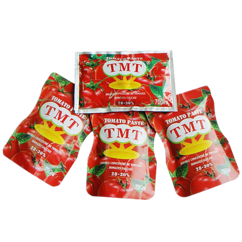 TMT falt sachet tomato paste high quality without additive with 22-24% 28-30% brix fresh red