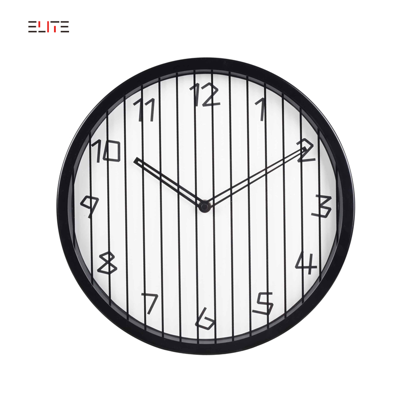 12” metal wall clock with lens of silk-screened stripe pattern