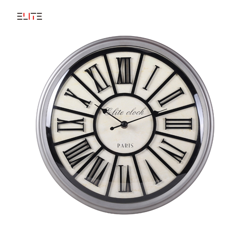 Metal wall clock with embossed dial and convex glass