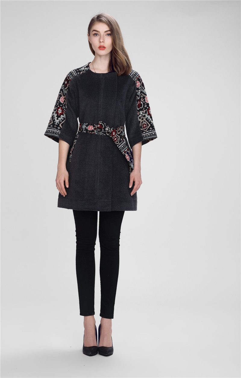 Womens round neck vintage patchwork raglan sleeves embroidered belt coat