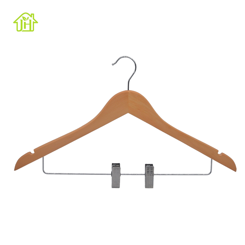 Clear lacquer with metal clips wooden clothes hanger