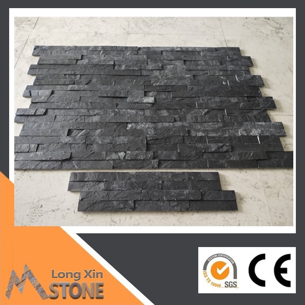 Z shape Natural black slate flat stone wall cladding with 4 raws