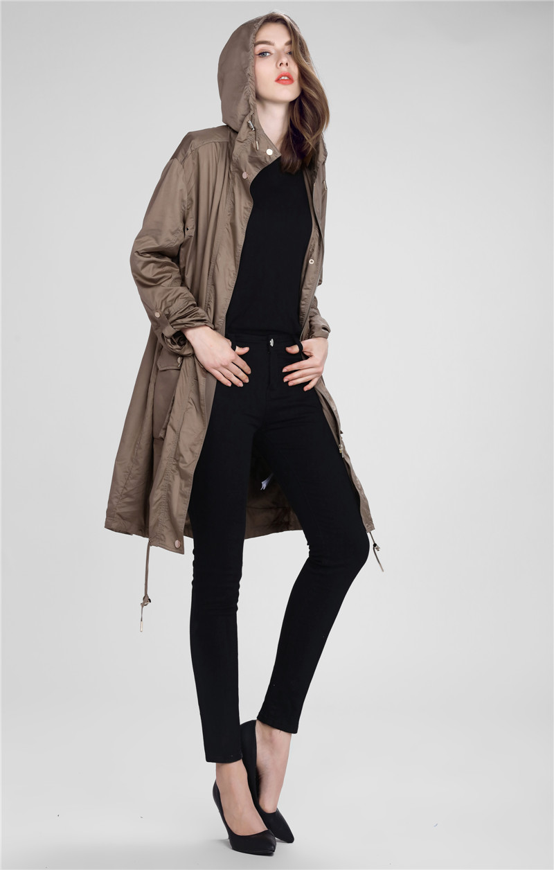 Womens brown hooded drawstring trenchcoat windbreaker spring coat