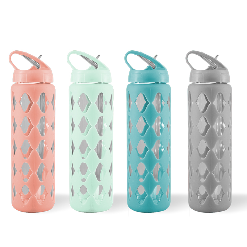 GOX Glass Water Bottle With Flip Nozzle & Portable Handle & Silicone Protective Sleeve
