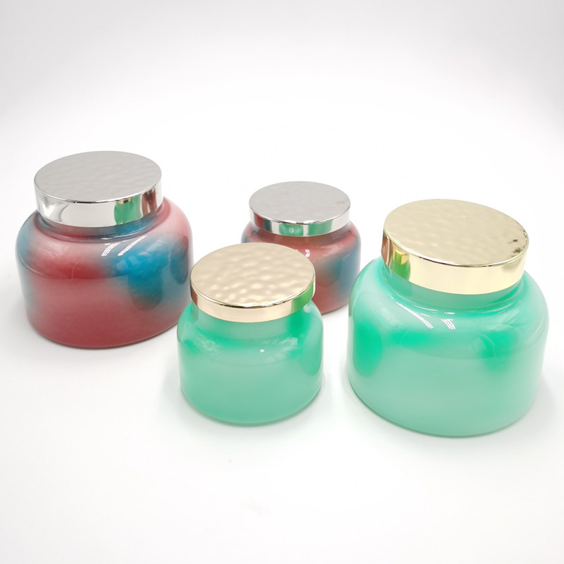 Decorative Colored Glass Candle Jar With Hammered Metal Lid