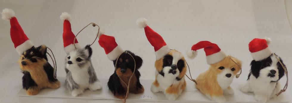 Fake fur dog in Christmas hat